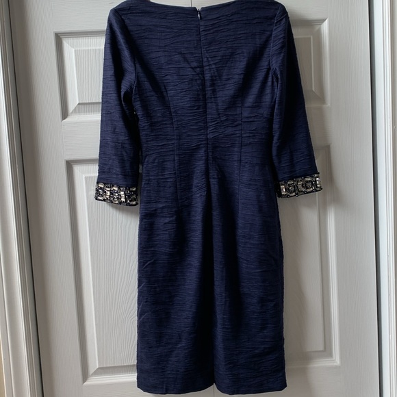 Eliza J navy faux wrap silk look lined dress 3/4 jewelled sleeves EUC - Picture 5 of 8